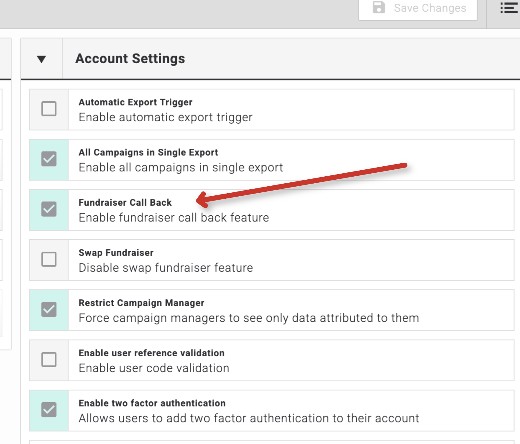 Account Settings screen showing the Fundraiser Call Back toggle